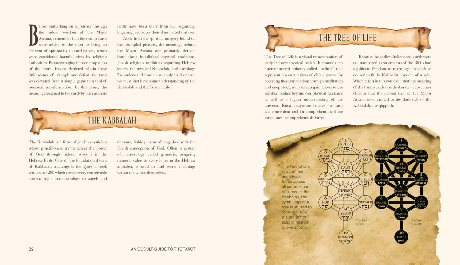 An Occult Guide to the Tarot open book showing Kabbalistic tarot correspondences