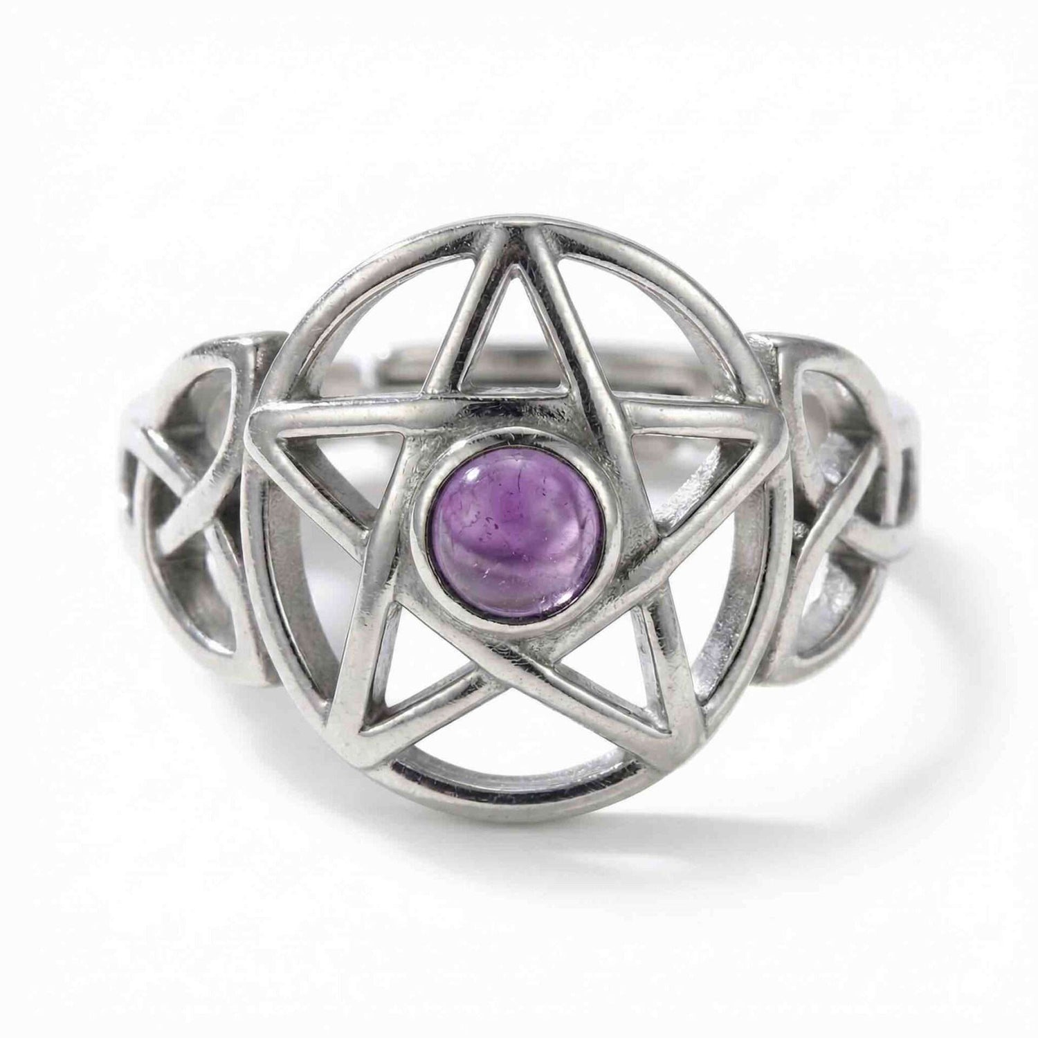 Amethyst pentagram adjustable sterling silver ring featuring a purple amethyst stone set within an engraved pentagram design, Wiccan protection and intuition jewelry.