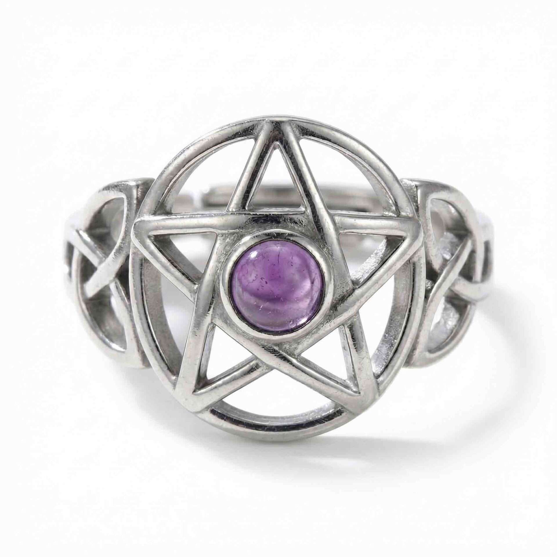Amethyst pentagram adjustable sterling silver ring featuring a purple amethyst stone set within an engraved pentagram design, Wiccan protection and intuition jewelry.