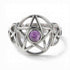Amethyst pentagram adjustable sterling silver ring featuring a purple amethyst stone set within an engraved pentagram design, Wiccan protection and intuition jewelry.