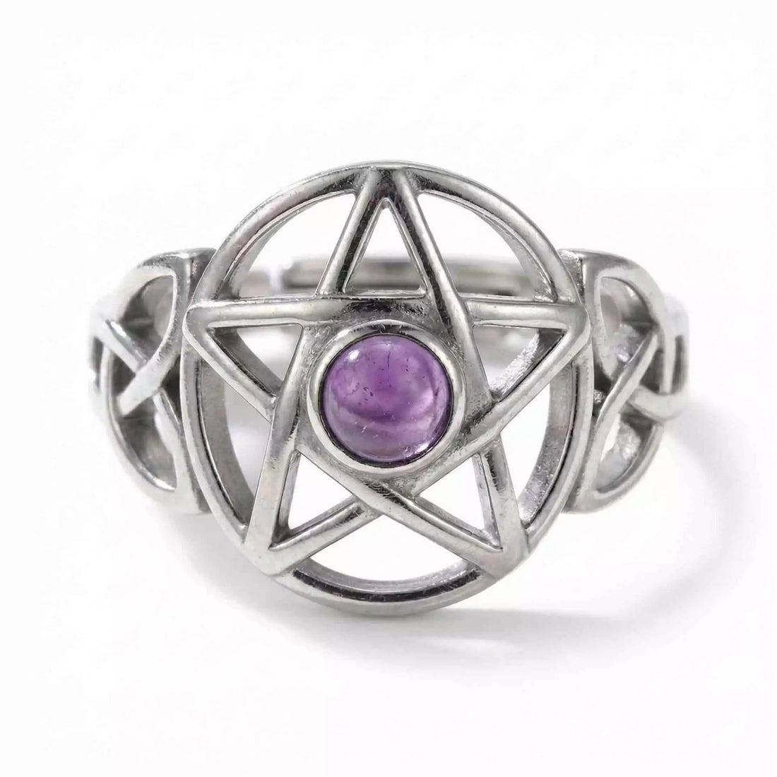 Amethyst pentagram adjustable sterling silver ring featuring a purple amethyst stone set within an engraved pentagram design, Wiccan protection and intuition jewelry.