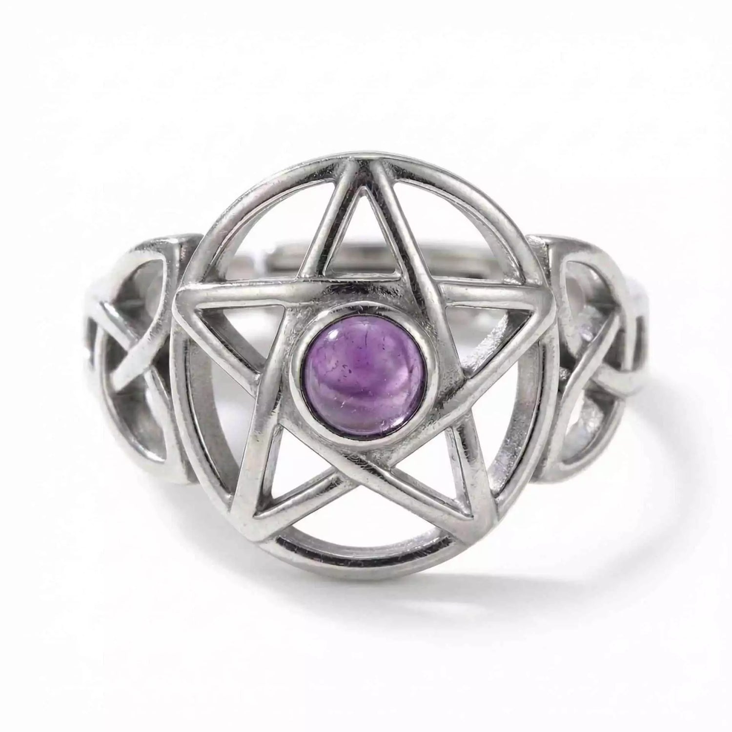 Amethyst pentagram adjustable sterling silver ring featuring a purple amethyst stone set within an engraved pentagram design, Wiccan protection and intuition jewelry.