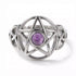 Amethyst pentagram adjustable sterling silver ring featuring a purple amethyst stone set within an engraved pentagram design, Wiccan protection and intuition jewelry.