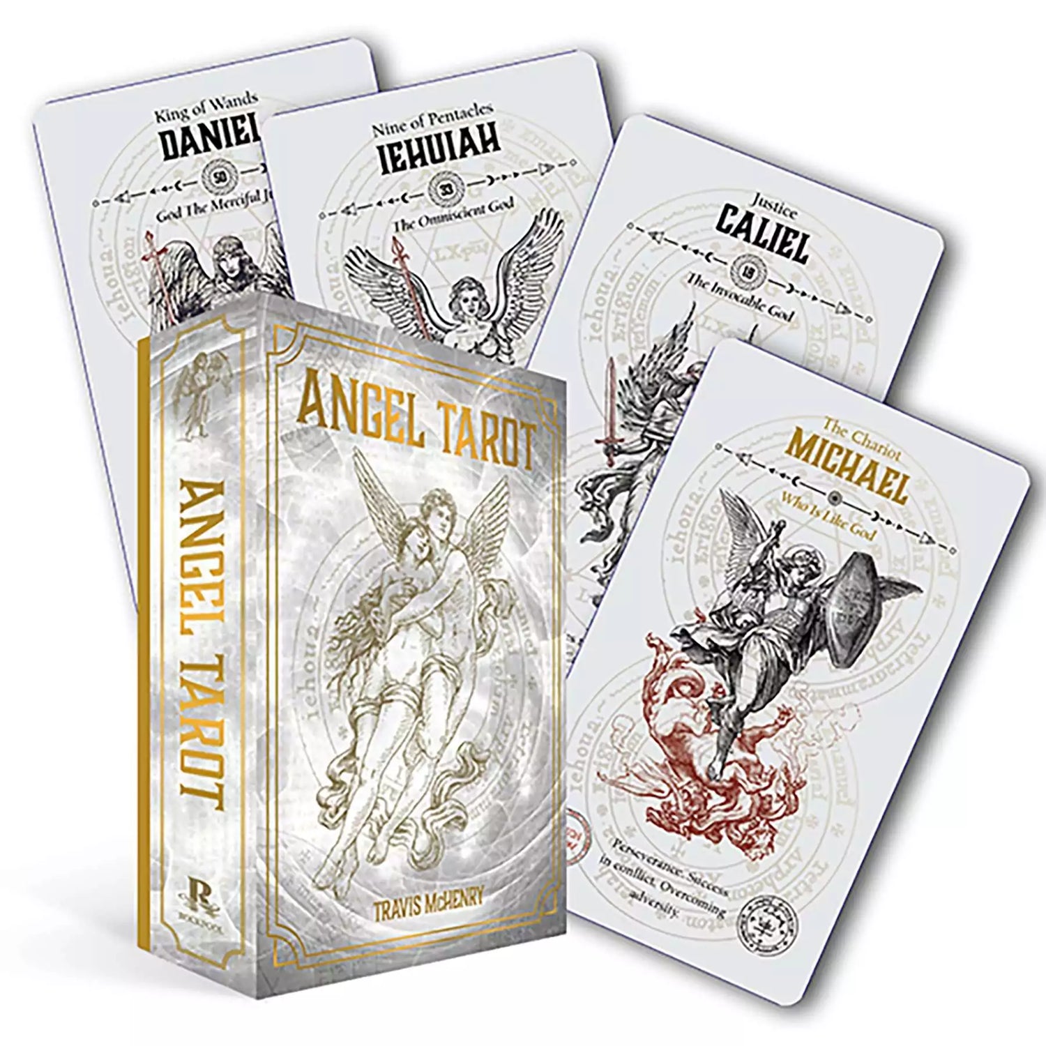 Angel Tarot deck by Travis McHenry showing 78-card box with angelic Shem HaMephorash Kabbalistic imagery on the cover