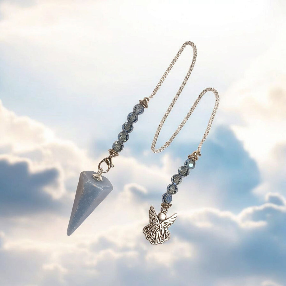 Angelite Hexagonal Pendulum with Angel Charm &amp; Beaded Chain