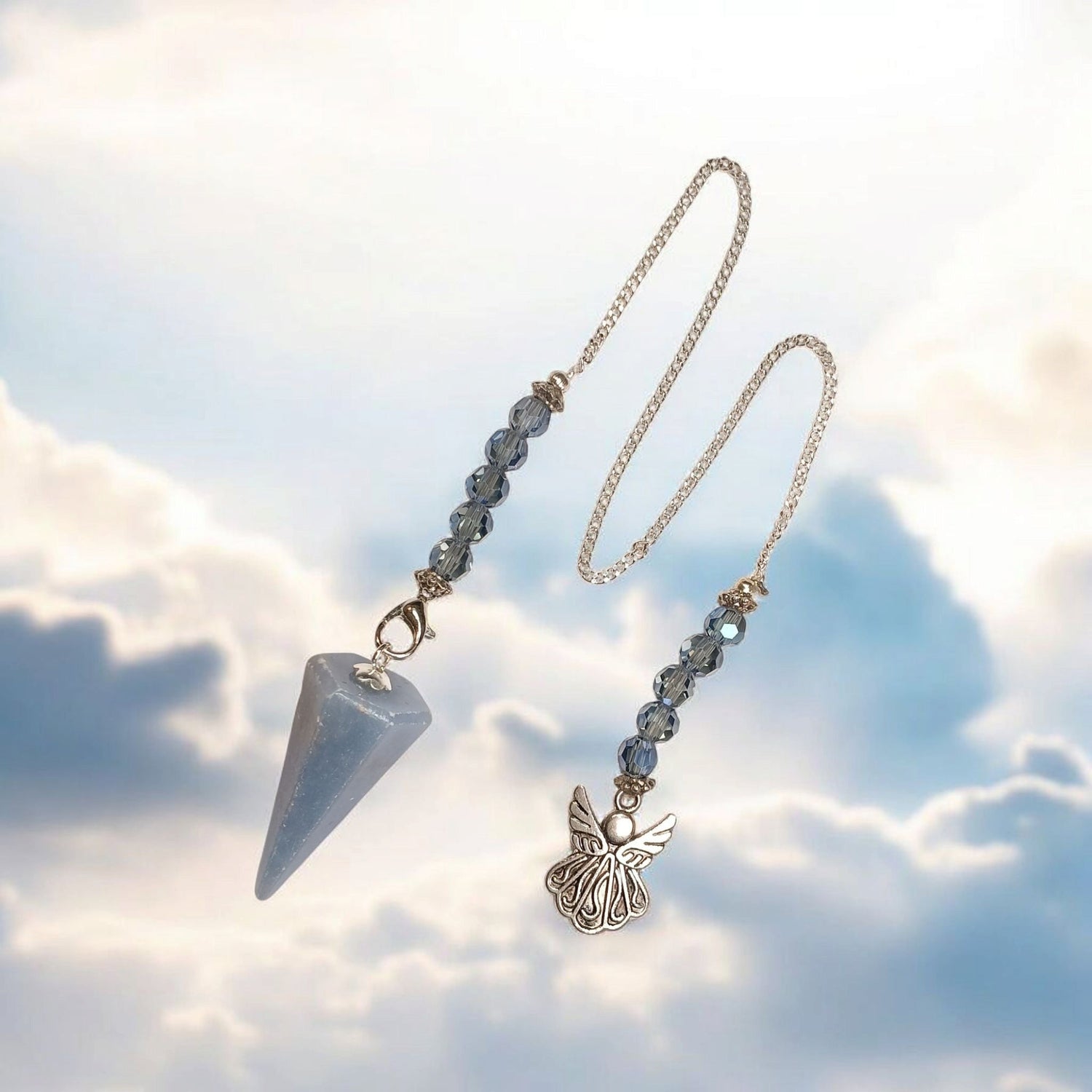 Angelite Hexagonal Pendulum with Angel Charm &amp; Beaded Chain