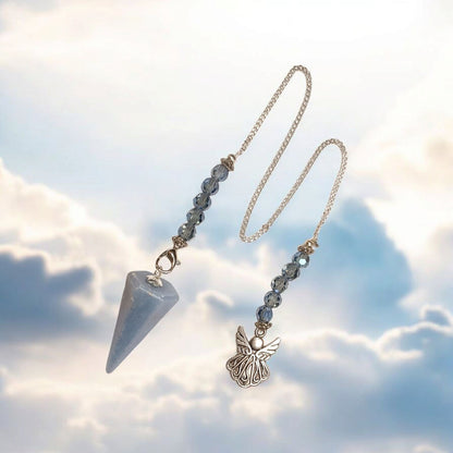 Angelite Hexagonal Pendulum with Angel Charm &amp; Beaded Chain
