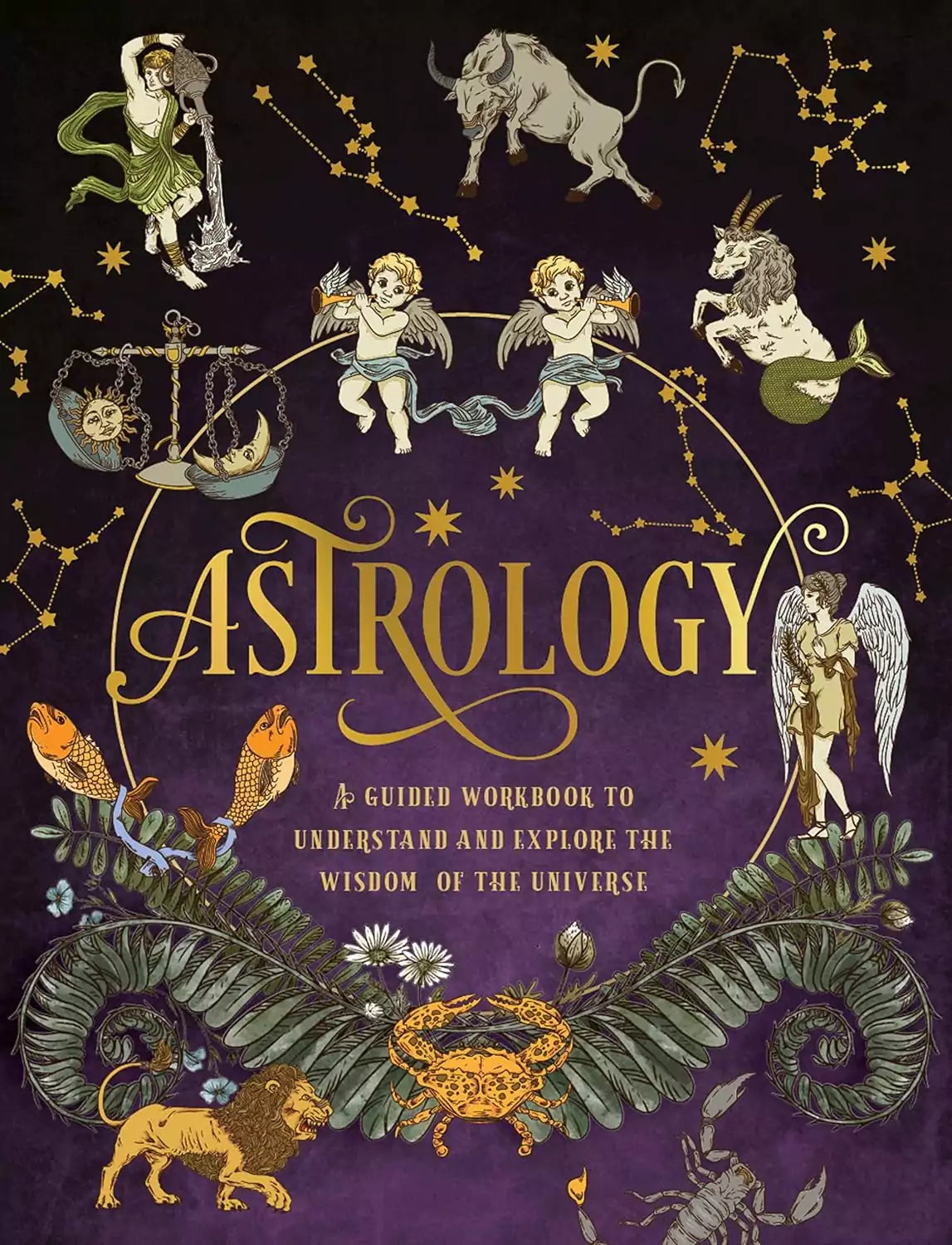 Astrology A Guided Workbook cover with colorful celestial and astrological symbols illustration — an interactive natal chart and houses study companion by Chartwell Books.