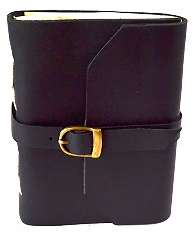 Black leather journal with buckle strap closure 4.5 by 6.5 inches showing 240 unlined pages grimoire journal with classic black leather cover
