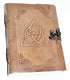 5x7 inch leather-bound journal with embossed triquetra Celtic knot design on the cover and metal latch closure, filled with handmade paper for grimoire and ritual writing.