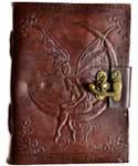 Fairy Moon leather blank book with latch showing whimsical moon and fairy imagery embossed on leather cover, ritual journal for lunar magic and fae tradition writing