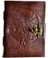 Fairy Moon leather blank book with latch showing whimsical moon and fairy imagery embossed on leather cover, ritual journal for lunar magic and fae tradition writing