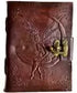 Fairy Moon leather blank book with latch showing whimsical moon and fairy imagery embossed on leather cover, ritual journal for lunar magic and fae tradition writing