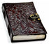 Wolf Tree of Life leather grimoire journal with intricate floral and animal embossed design on cover — 5x7 inch leather journal with metal latch clasp for grimoire and ritual records.