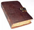 Aged leather-bound grimoire journal with weathered antiqued cover and metal clasp closure — parchment-style unlined pages for witchcraft spell records and shadow work.