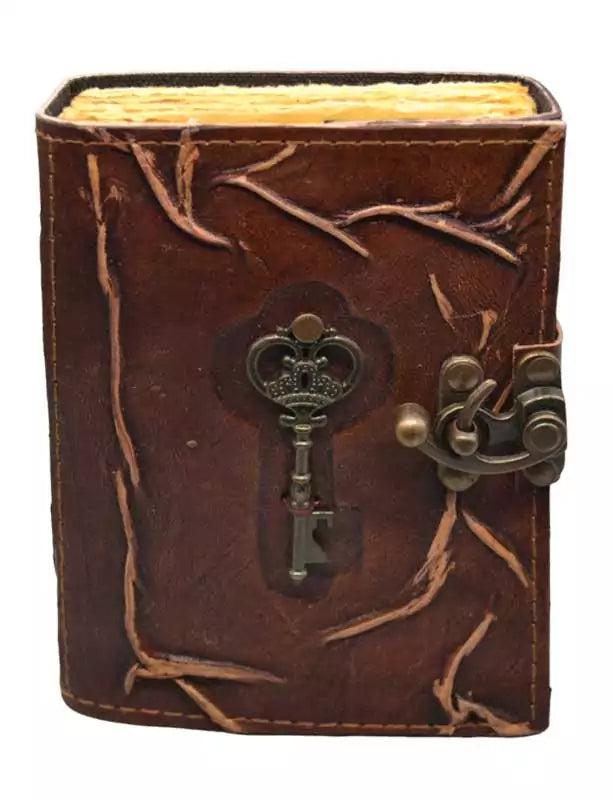 Key motif leather journal with aged paper interior and metal latch closure, gothic grimoire-style writing journal for spells and ritual notes