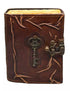 Key motif leather journal with aged paper interior and metal latch closure, gothic grimoire-style writing journal for spells and ritual notes