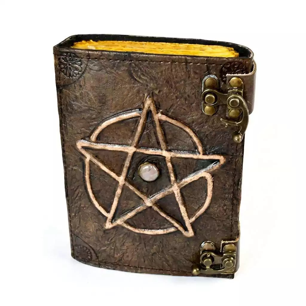 Pentagram stone leather journal with aged paper pages and metal latch closure, witch grimoire for spells and ritual notes