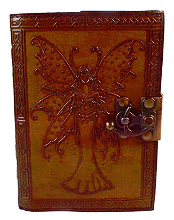Aged leather-look fairy journal featuring a fairy with spotted wings embossed on the cover, secured with a metal latch, with vintage-style paper inside.