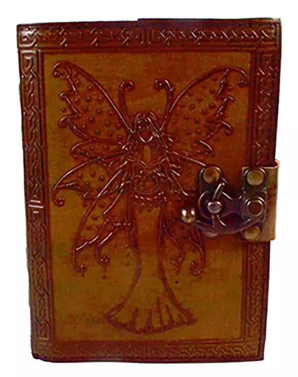 Aged leather-look fairy journal featuring a fairy with spotted wings embossed on the cover, secured with a metal latch, with vintage-style paper inside.