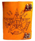 Orange-toned aged leather-look journal with embossed pentagram and Tetragrammaton Hebrew lettering surrounded by mystical symbols, secured with a metal clasp.