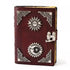 Sun and Moon embossed leather journal with aged paper and latch closure showing celestial grimoire with sun and moon symbols on leather cover