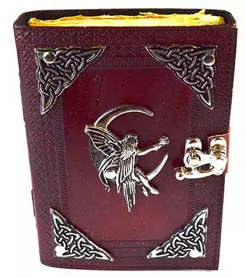 Decorative leather journal with silver fairy art on the cover, aged paper pages, and a metal clasp latch, 4.5x6.5 inches for faerie-themed ritual notes.