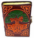 Leather-bound Tree of Life journal with intricate embossed design aged paper and metal latch closure measuring 4.5 by 6.5 inches