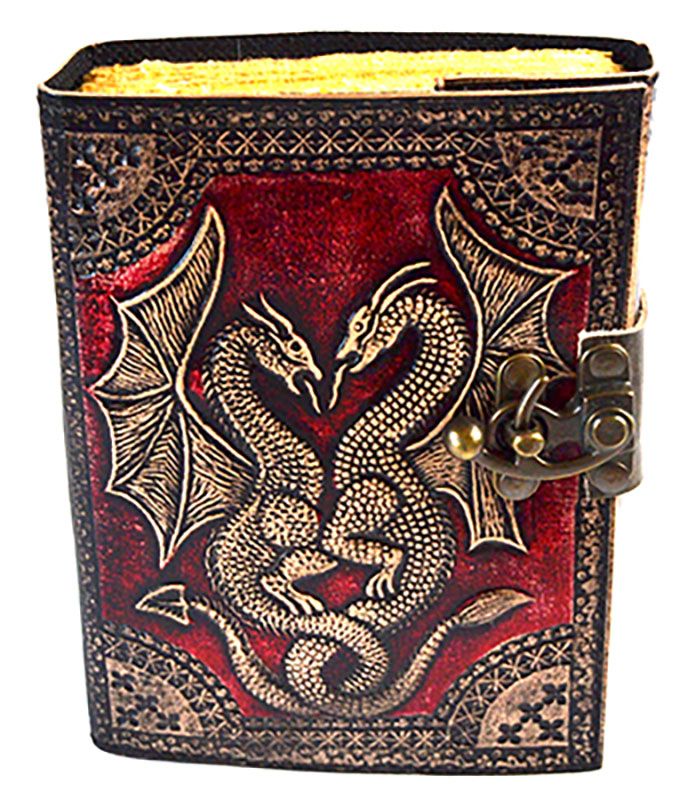Red leather-bound journal with intricate double dragon embossed cover and metal clasp latch, 4.5x6.5 inches with unlined pages for grimoire and ritual use.