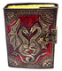 Red leather-bound journal with intricate double dragon embossed cover and metal clasp latch, 4.5x6.5 inches with unlined pages for grimoire and ritual use.