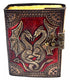 Red leather-bound journal with intricate double dragon embossed cover and metal clasp latch, 4.5x6.5 inches with unlined pages for grimoire and ritual use.