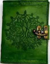5x7 inch green leather journal with latch showing Tree of Life embossed on green leather cover, compact nature-inspired pagan writing book for ritual notes and herbal grimoire