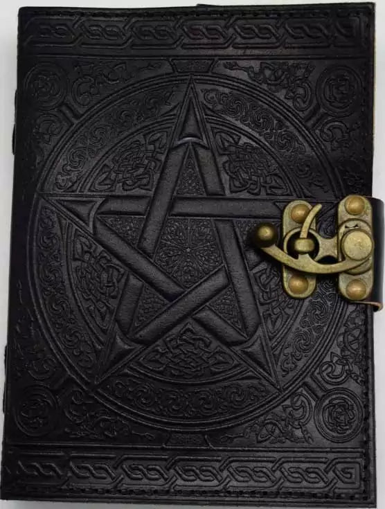 5x7 inch black pentagram leather journal with metal latch closure showing pentagram embossed on dark leather cover, compact writing book for spells and ritual notes