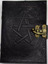 5x7 inch black pentagram leather journal with metal latch closure showing pentagram embossed on dark leather cover, compact writing book for spells and ritual notes
