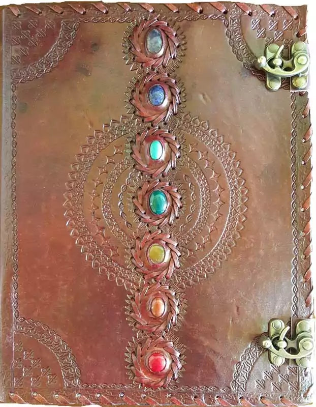 Large 10 by 13 inch chakra embossed leather blank book journal with latch for sacred writing