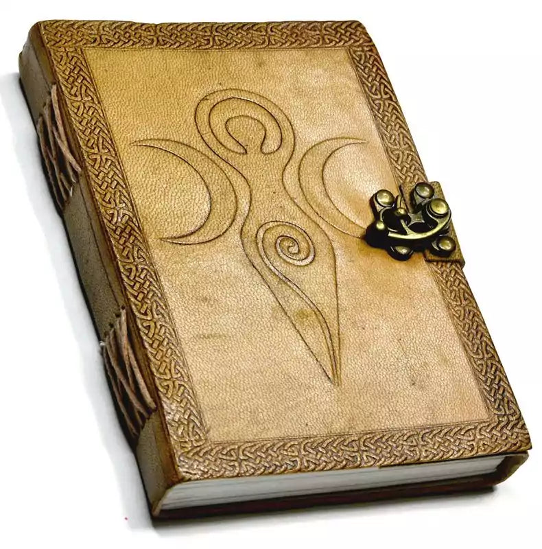 Goddess of Earth embossed leather journal 5x7 inch with latch — handcrafted leather-bound book with intricate nature goddess design for grimoires and ritual journaling.
