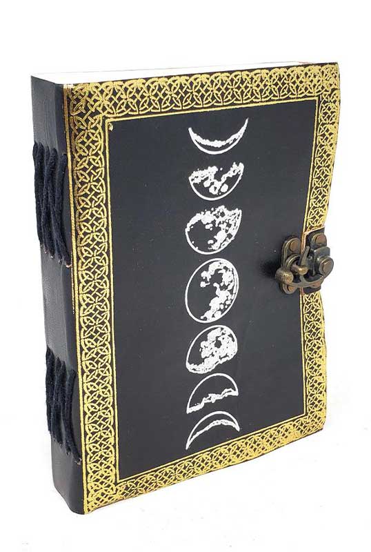 Moon phase silver and black embossed leather journal 5 by 7 inch with latch for lunar grimoire use