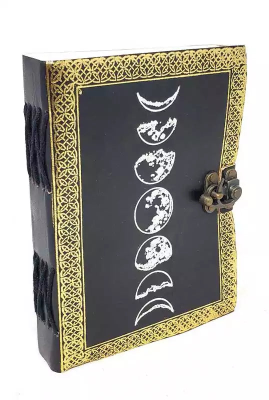 Moon phase silver and black embossed leather journal 5 by 7 inch with latch for lunar grimoire use
