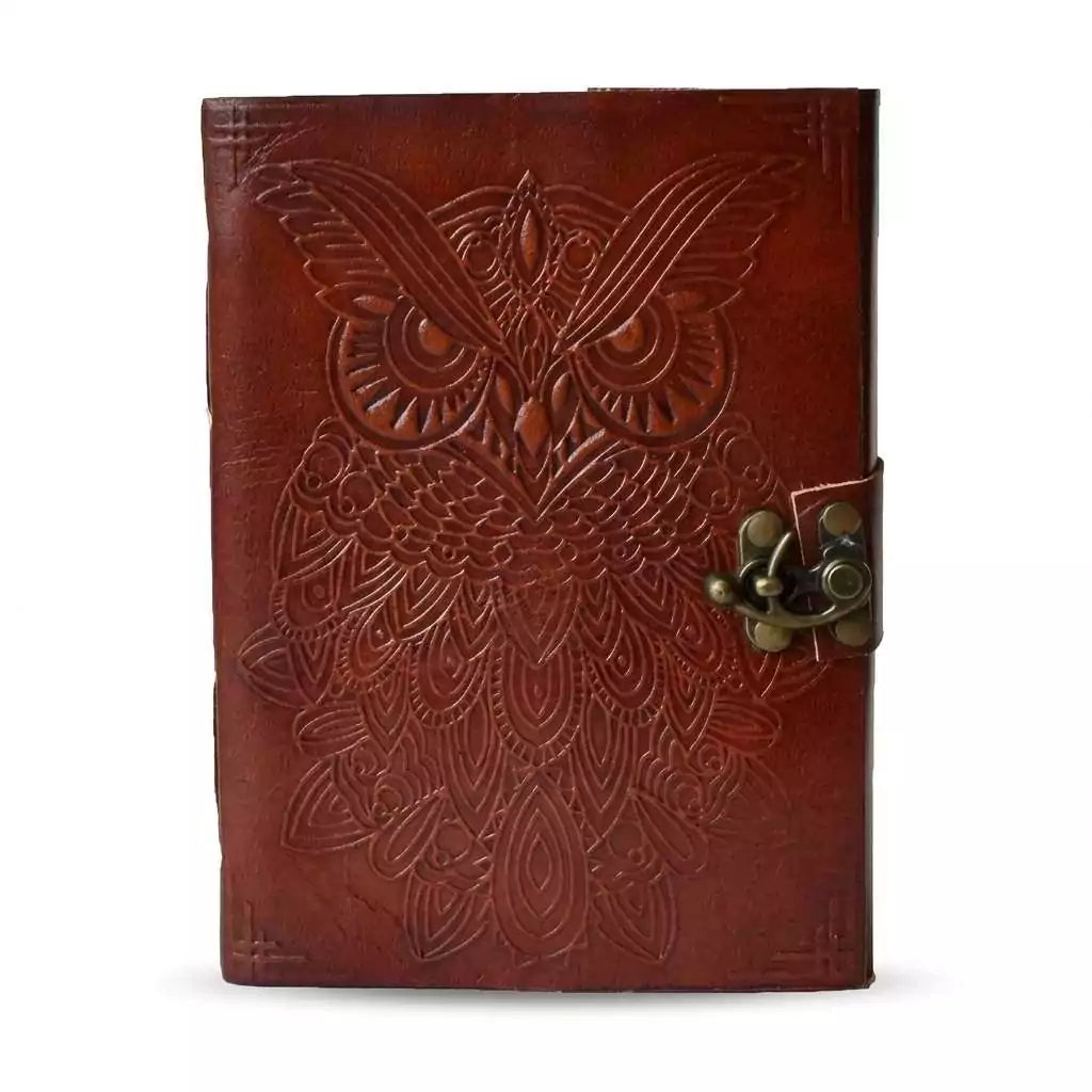 5x7 inch owl embossed leather blank journal showing intricate owl design on cover, compact witchy writing book for spell notes dream journaling and daily reflections