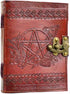 Pentagram embossed leather blank journal with metal latch closure showing bold pentagram design on cover, classic witchcraft writing book for grimoires and Book of Shadows