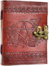 Pentagram embossed leather blank journal with metal latch closure showing bold pentagram design on cover, classic witchcraft writing book for grimoires and Book of Shadows