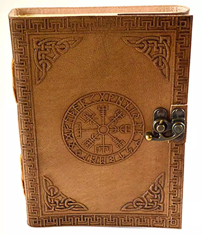 5x7 inch rune-embossed leather journal with metal latch closure and circular decorative pattern, handmade paper interior for spell work and grimoire writing.