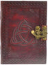 Triquetra embossed leather blank journal with metal latch closure showing Celtic trinity knot design on cover, ritual writing book for Book of Shadows and grimoire