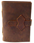 Brown leather journal with strap closure in vintage worn texture, 4.5x6.5 inch portable size for ritual journaling, shadow work, and practice notes.