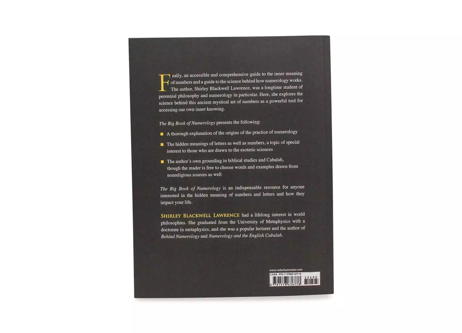 Back cover of The Big Book of Numerology on a black background with bullet-point descriptions and a barcode.