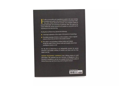 Back cover of The Big Book of Numerology on a black background with bullet-point descriptions and a barcode.
