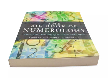 Big Book of Numerology cover showing title, author name Shirley Blackwell Lawrence, and a dynamic numbered background design.
