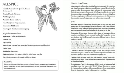 Detailed botanical illustration of allspice plant with leaves, berries, and root anatomy alongside descriptive text from inside Blackthorn&