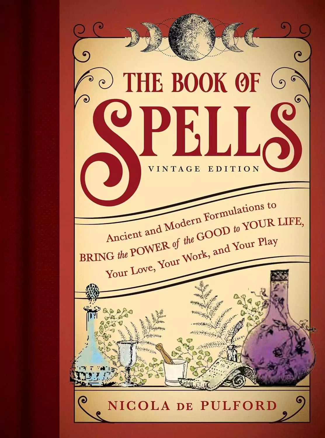 The Book of Spells Vintage Edition by Nicola de Pulford — ornate vintage-designed spell book cover with decorative motifs, witchcraft guide for beginners.