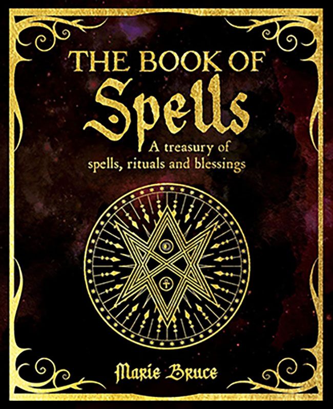 The Book of Spells by Marie Bruce — dark ornate cover with circular star design in gold lettering, comprehensive witchcraft spells and rituals guide.